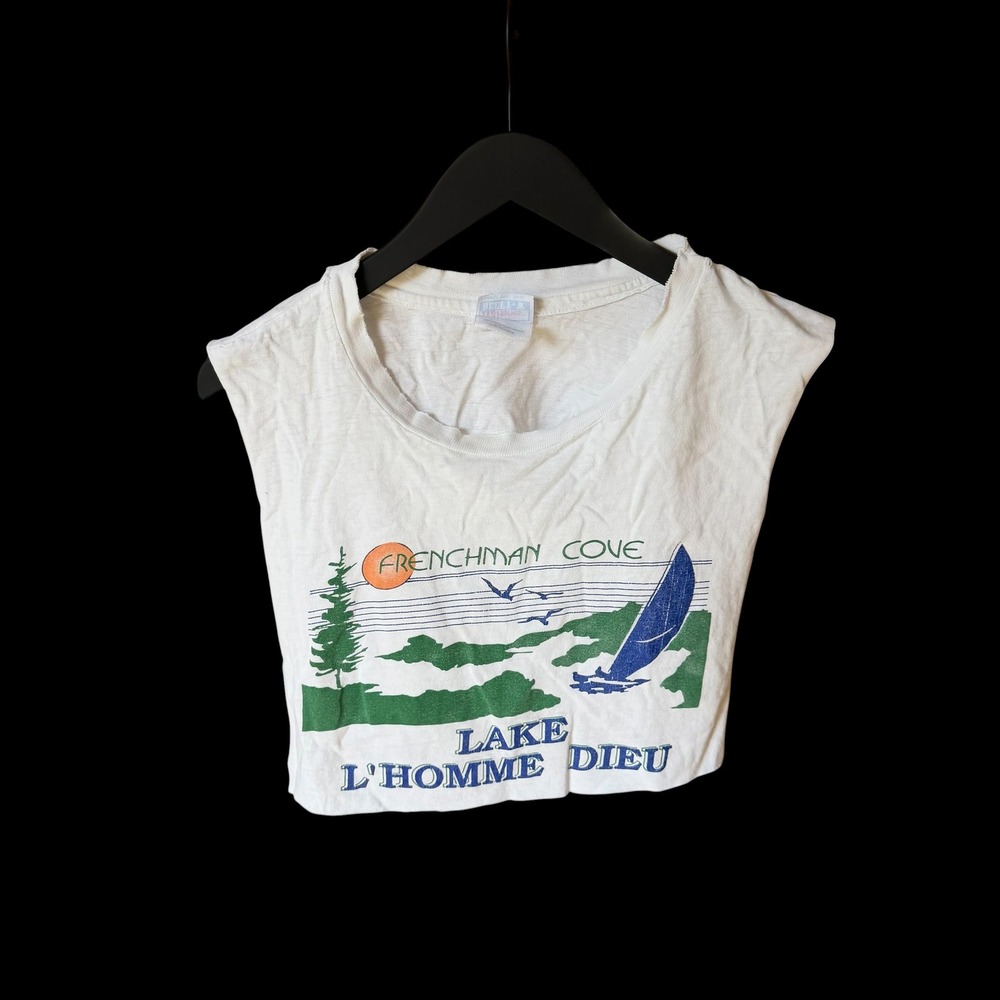 Vintage 90's Frenchman Cove Lake L'Homme Dieu Muscle Crop Top White XXL